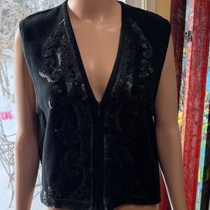 100% Cotton Versatile Black Sequin Embellished Vest, Front Zip, Medium